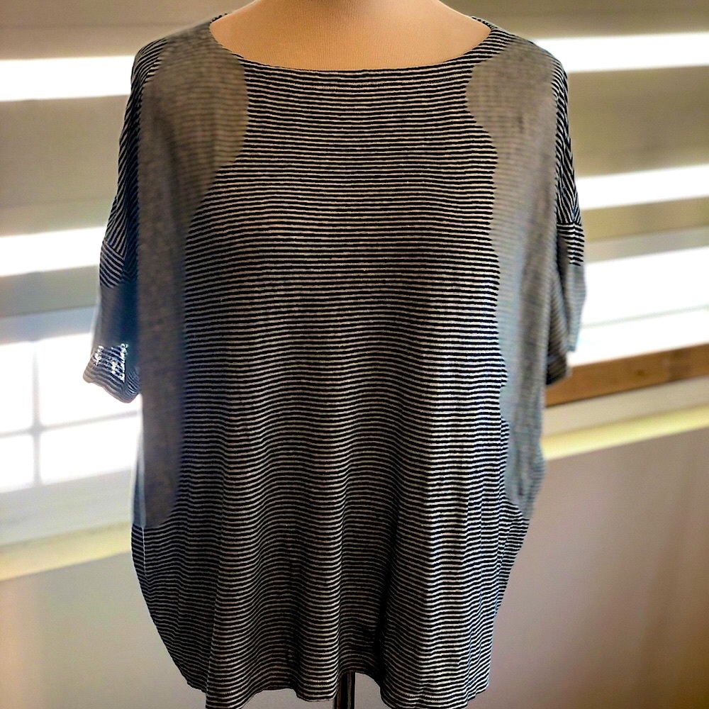 Eileen Fisher Organic Linen Stripes Tee Shirt Short Sleeves Woman 1X Plus Size